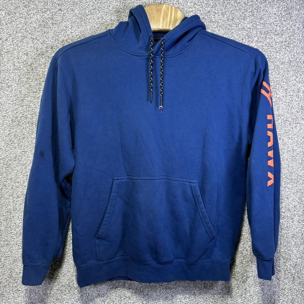 HAWX Hoodie Mens Large Blue Fleece‎ Pullover Sleeve Logo Work Graphic Sweatshirt
